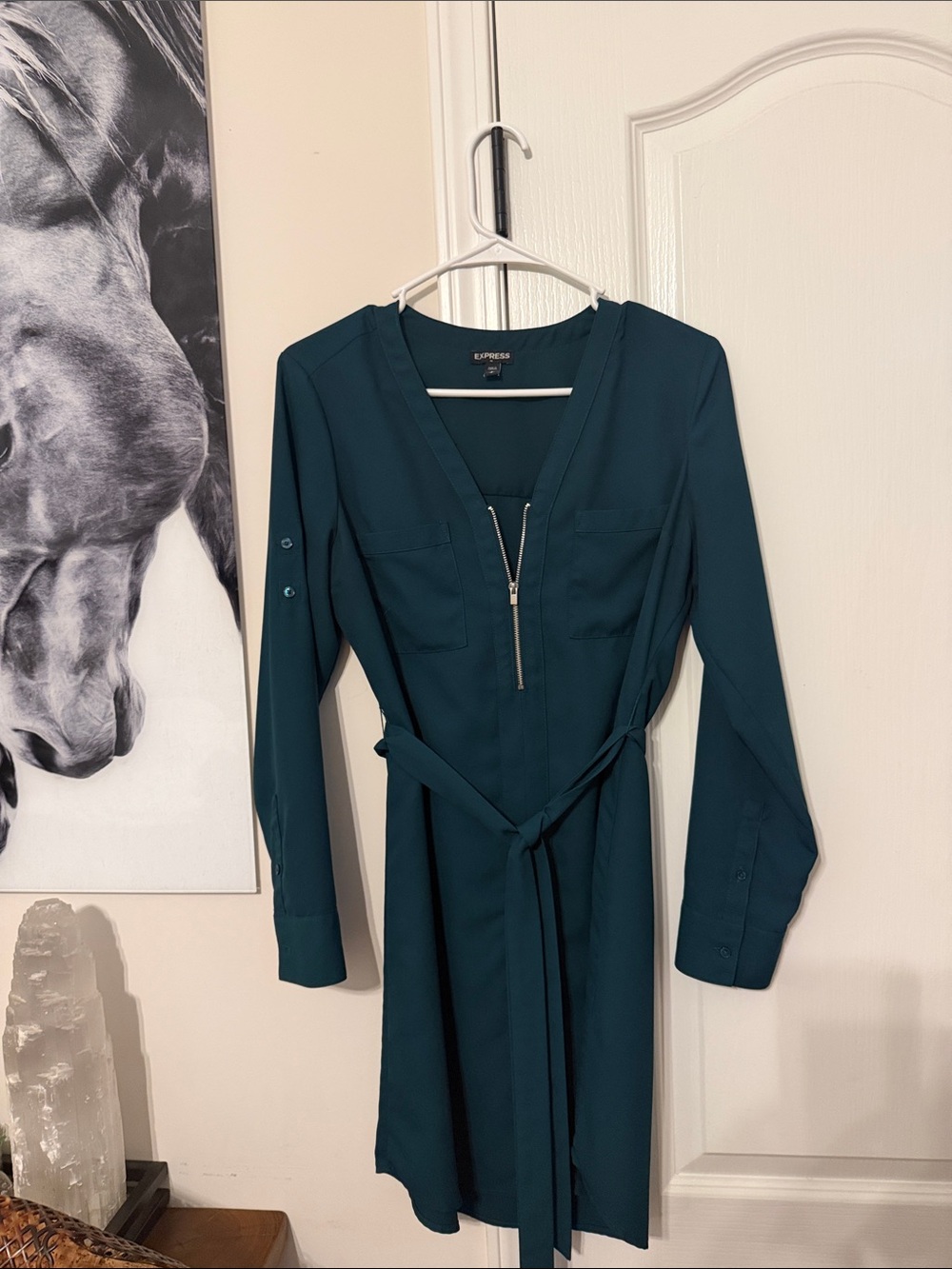 Express Teal Zip-Pullover Long Sleeve Belted Dress